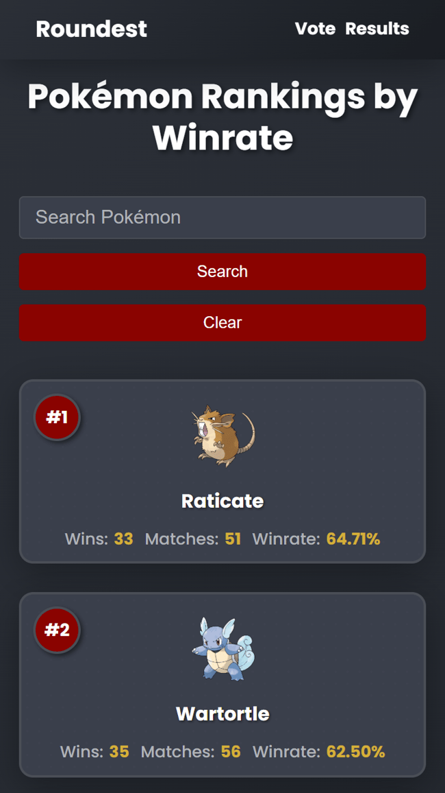 Screenshot of roundest app results page in mobile screen